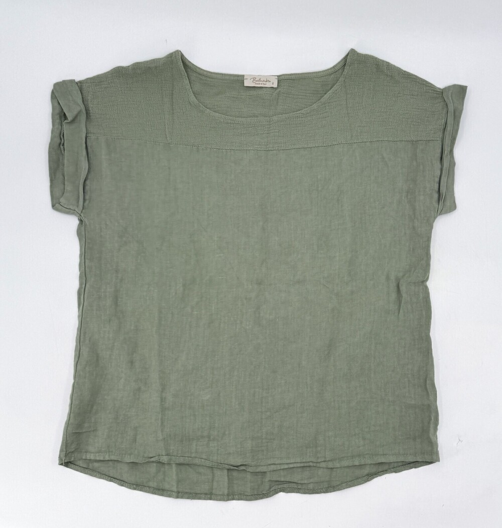 Bellambia Shirt Womens Small Green 100% Linen Made In Italy Short Roll up Sleeve